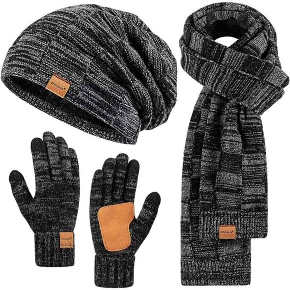 Mens Hat Gloves Scarf Set Winter, Slouchy Beanie 3 in 1 Warm Set, for Men